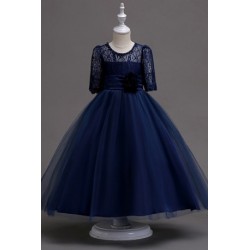 Classic Quarter Sleeve Lace Long Evening Flowery Girl Dress BLUE