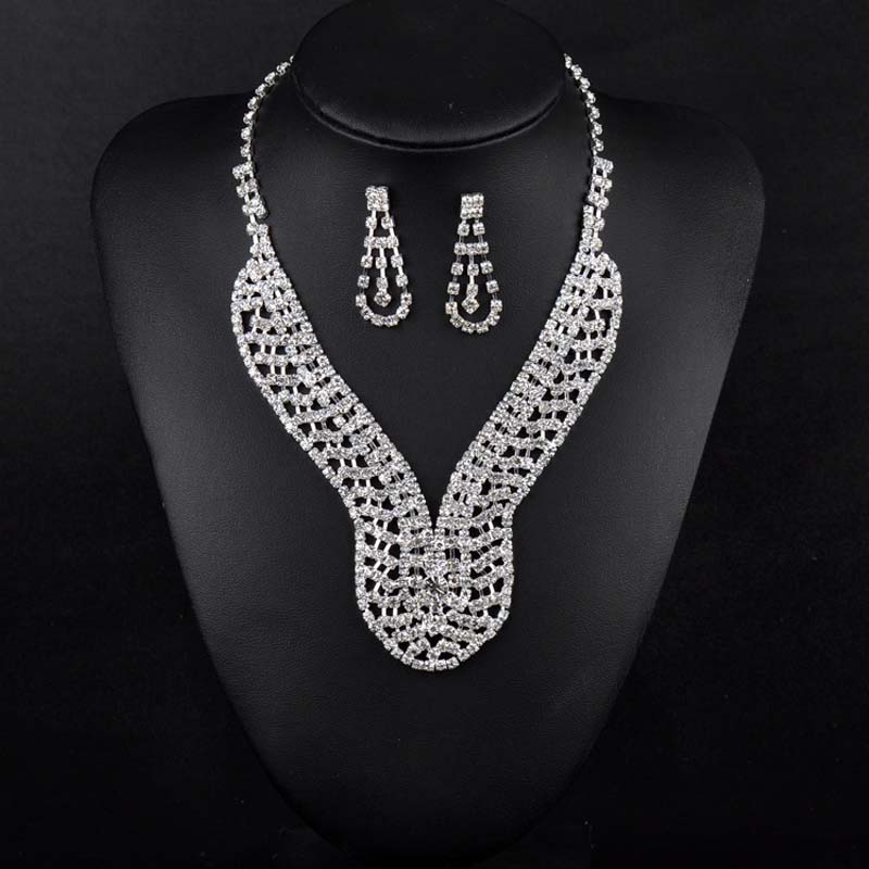 Rhinestone Bridal Wedding Necklace and Ear Ring (Set)-ASD14 (with Jewelry Box)
