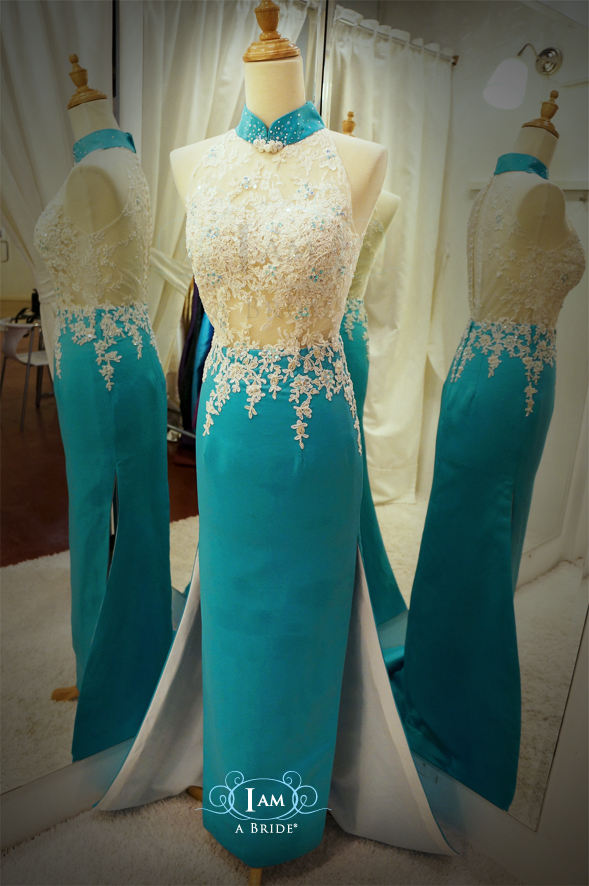 Custom Make Modern See-thru Top Full Lace Cheongsam in Turquoise