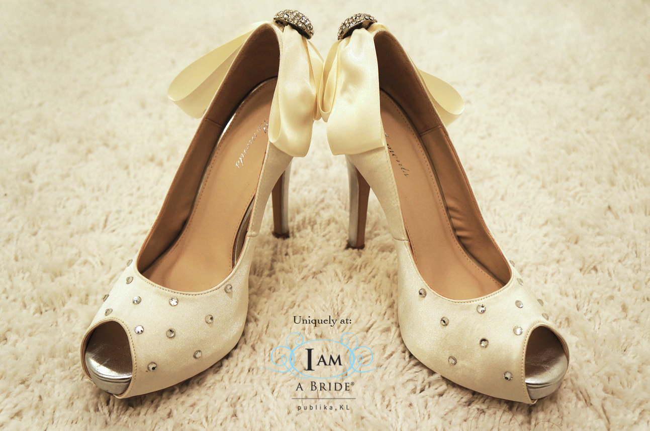 Ivory White Satin with Diamontes Studs and Back Heels Ribbon