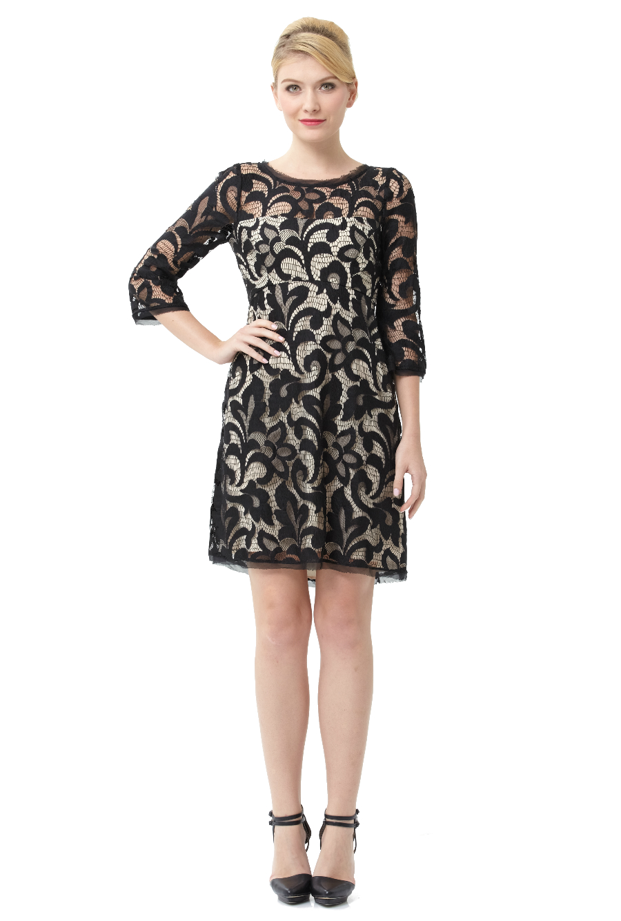 ABS by Allen Schwartz Black And Nude Stretch Lace 3/4 Sleeve Dress
