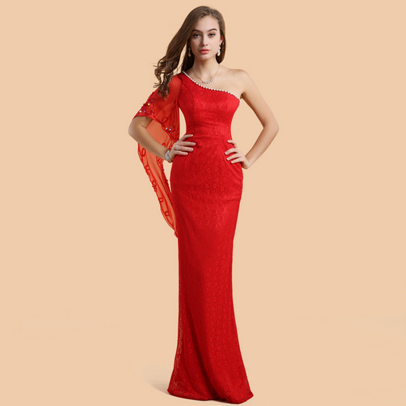 One Shoulder Pearl Details Red Long Evening Gown