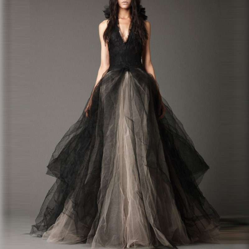 Halter Neck Black Lace Bare Back Organza Evening Gown