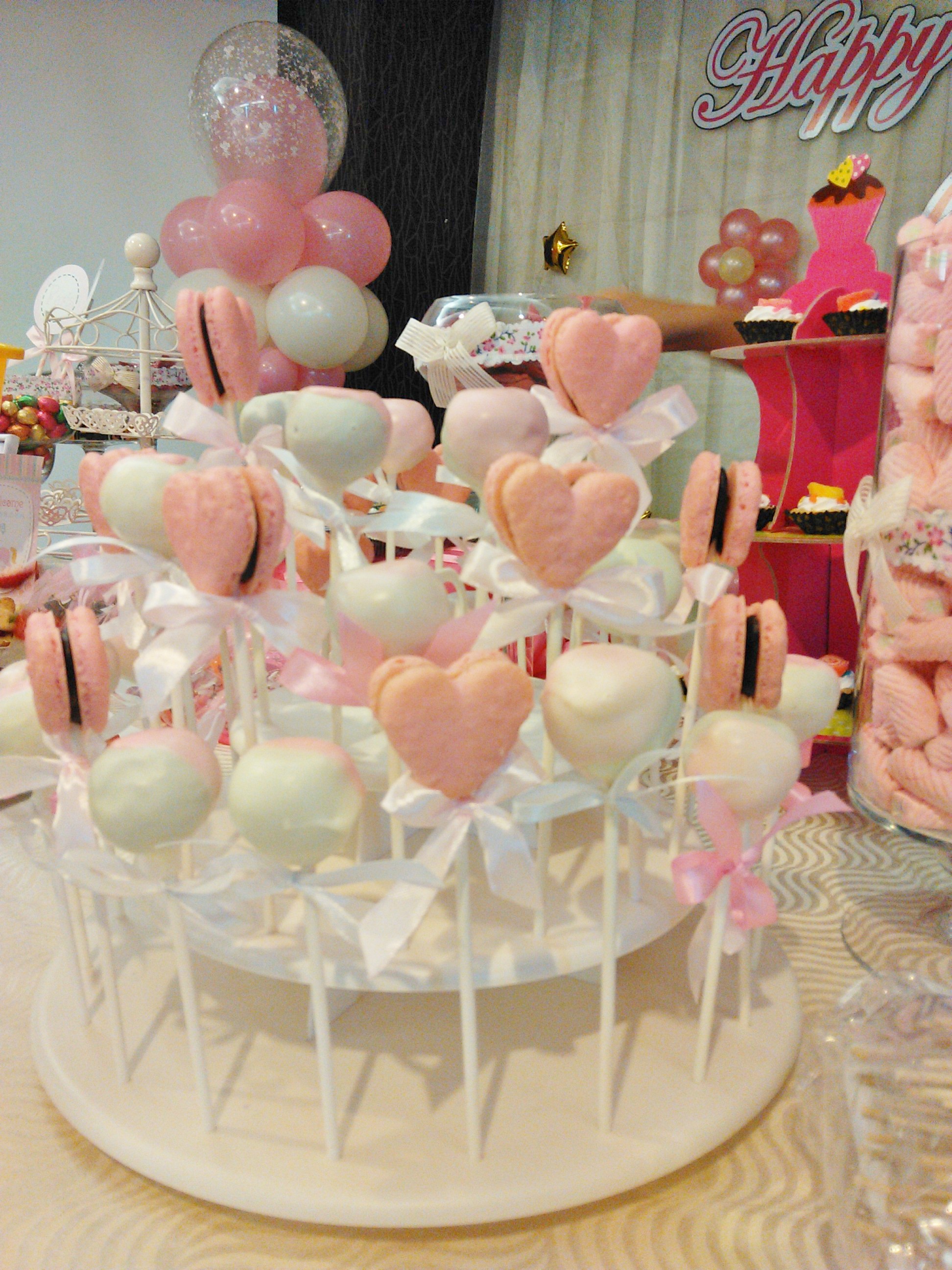 Heart shaped macaron pops and cake pops