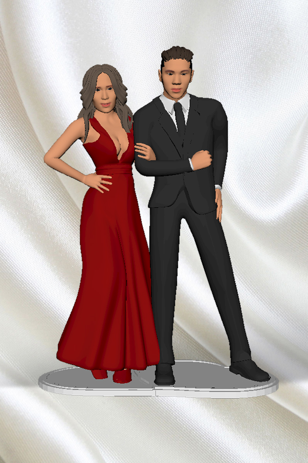 Side-by-side pose. Red V-neck gown.